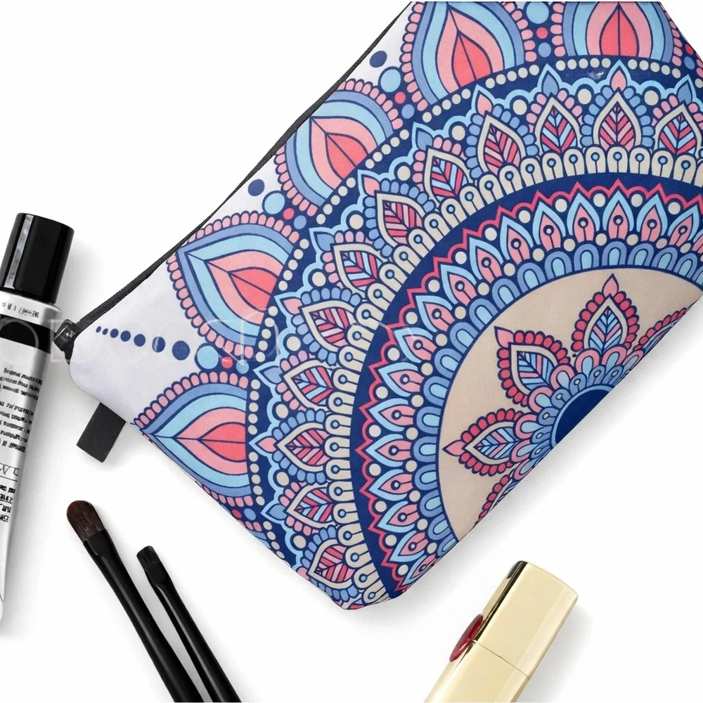 Blue Pink Mandala Makeup Bag Boho Cosmetic Travel Pouch
